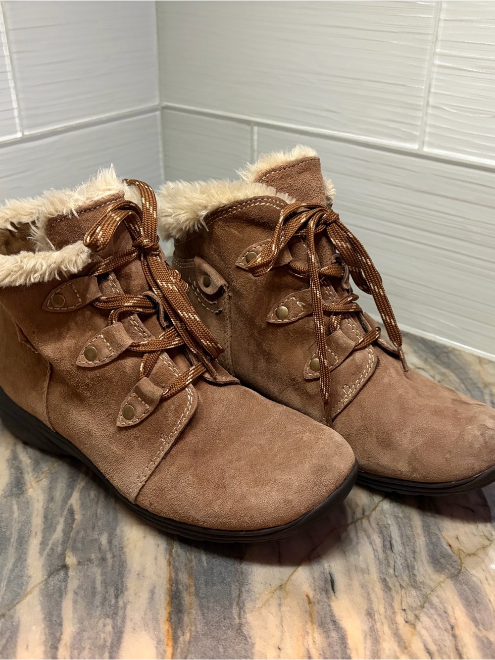 Earth Origins Boots Womens 8.5 Leather Faux Fur Ankle Zip Outdoor Hiking Brown